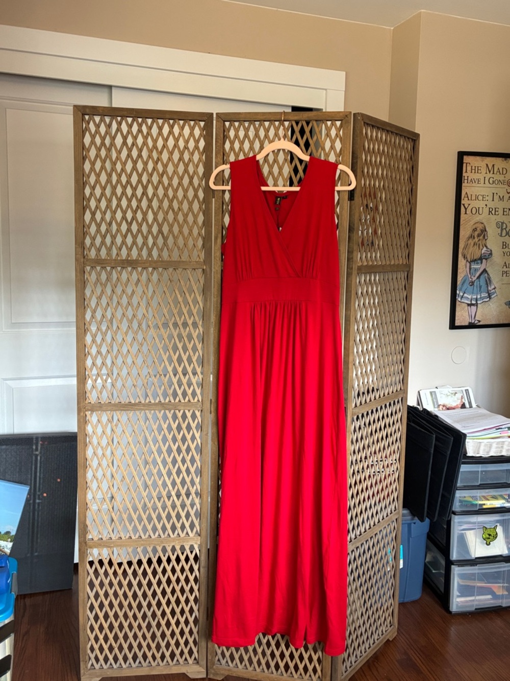 Sleeveless Red V-Neck Maxi Dress with Gathered Waist